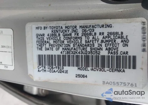 2003 Toyota Camry Le z USA, uszkodzony, nr VIN 4T1BE32K43U235052